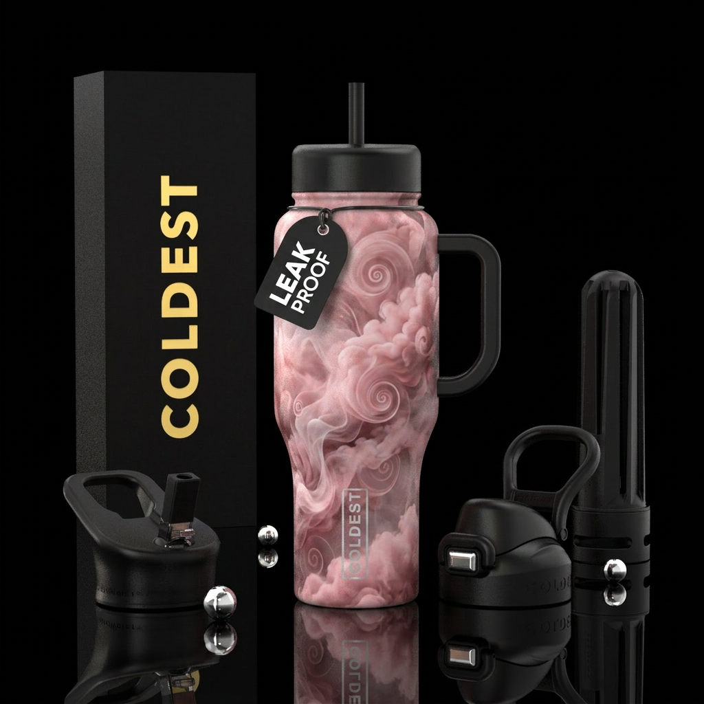 dusty pink, smoke, clouds, beautiul, spirals, abst... water bottle design