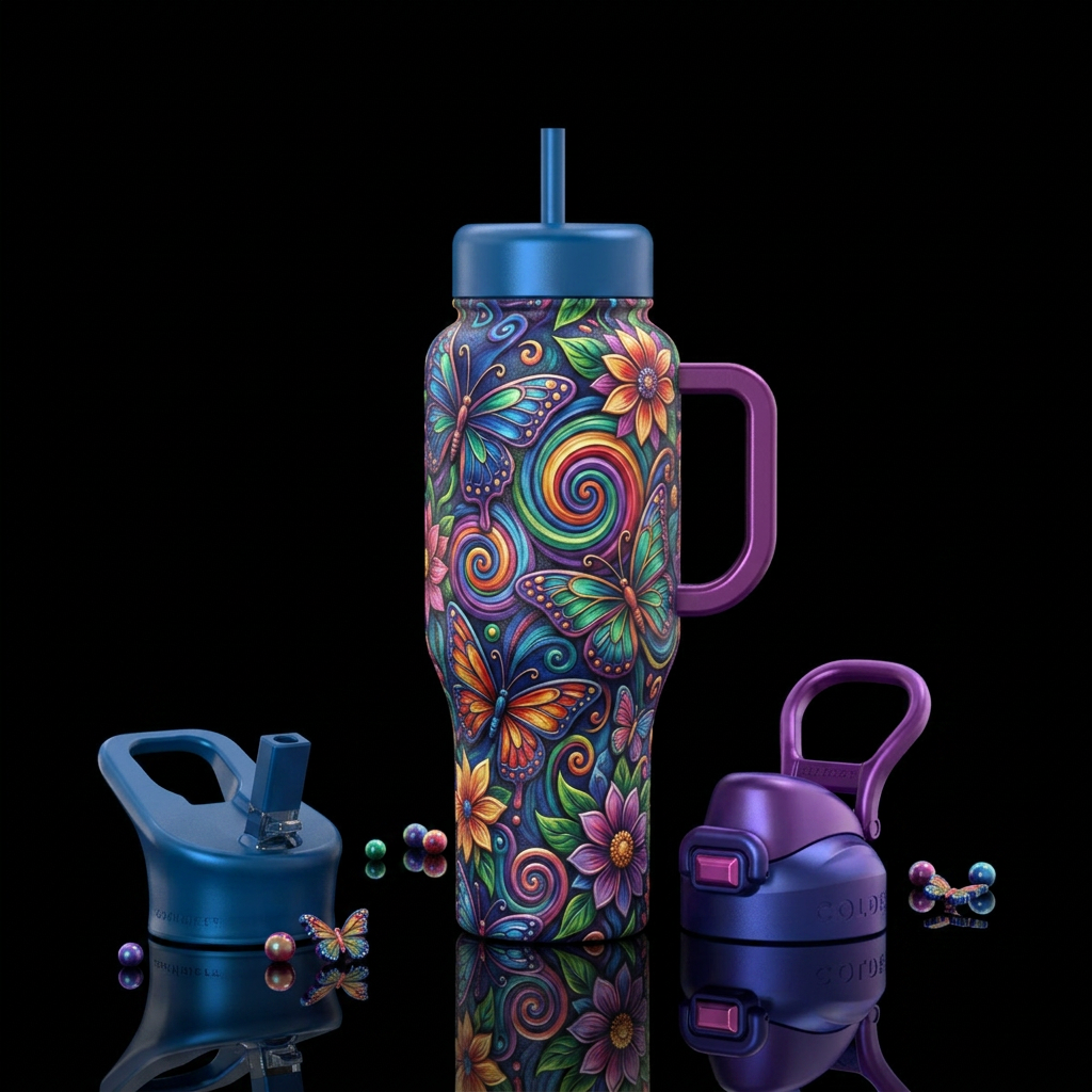 artistic, butterfly, spirals, flowers, abstract, f... water bottle design