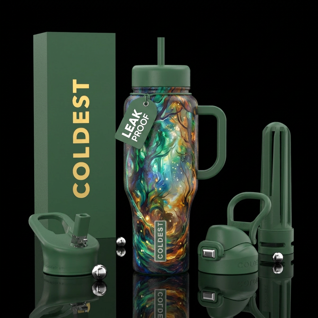 forest, christmas, beautiul, fantasy, oil painted,... water bottle design