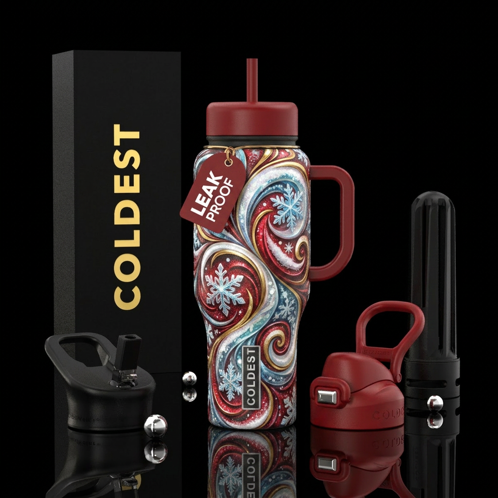 3d effect, snow , snowflakes,  Christmas,, swirls,... water bottle design
