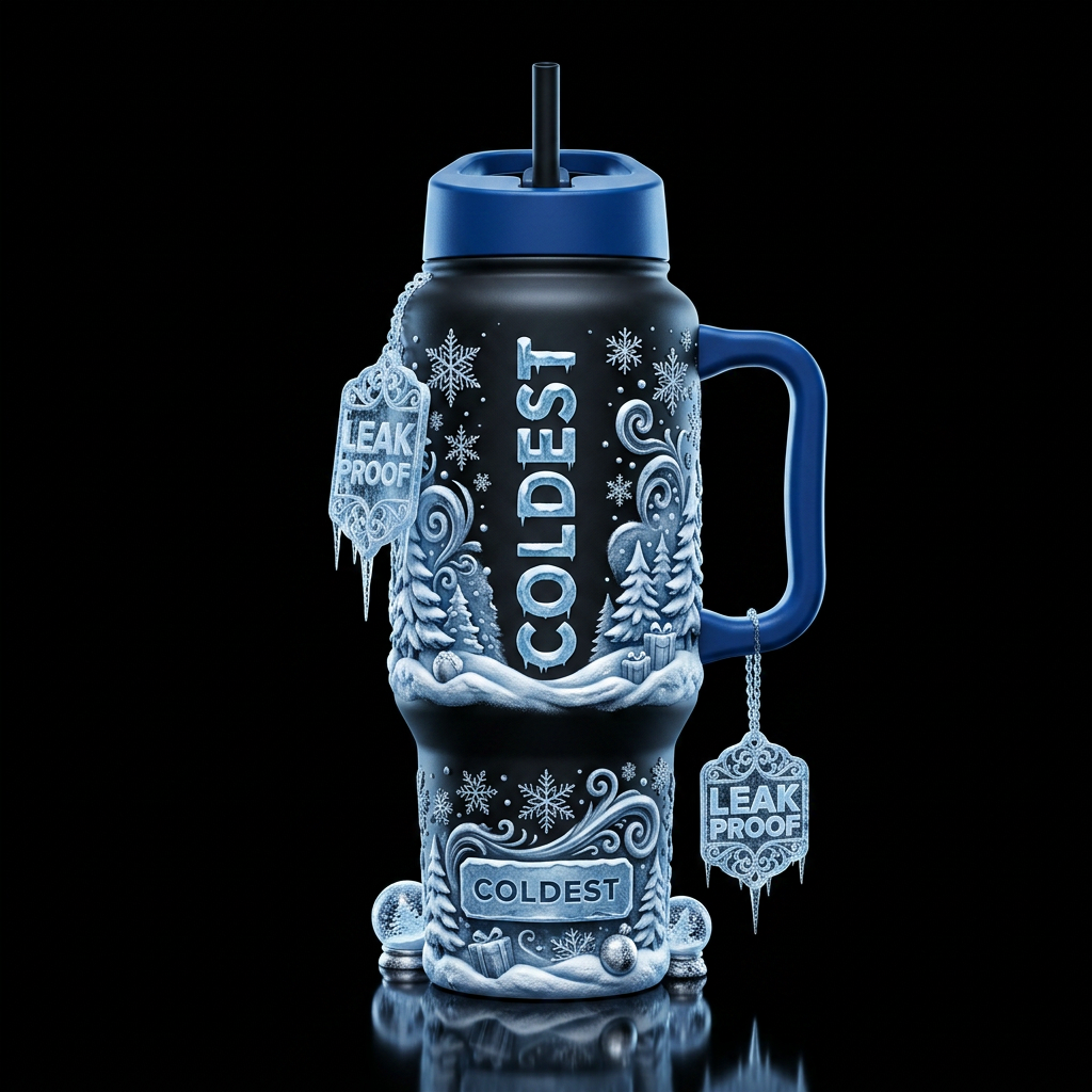 3d effect, snow , snowflakes,  Christmas,, swirls,... water bottle design
