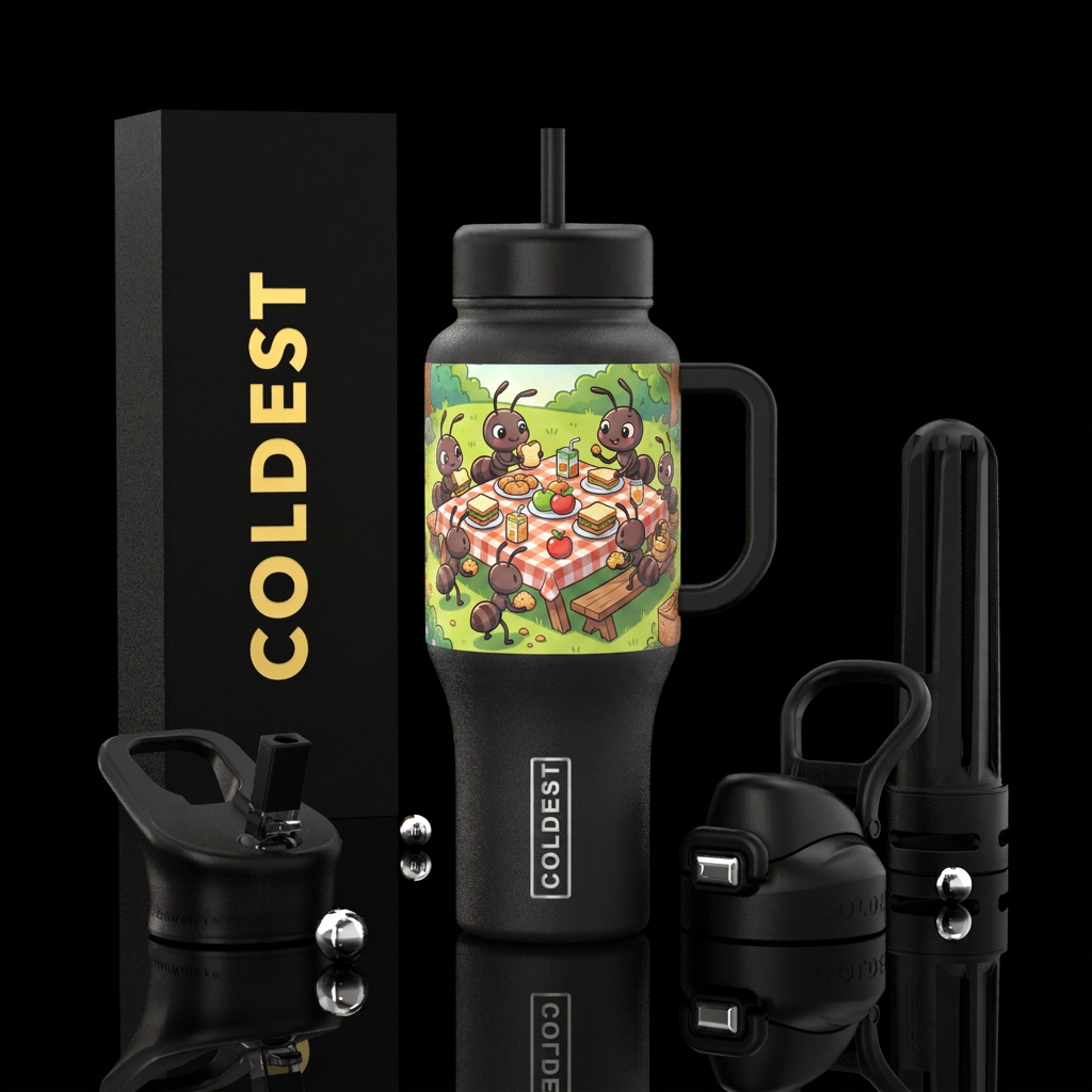 Cute ants on a picnic table, having a lunch, carto... water bottle design