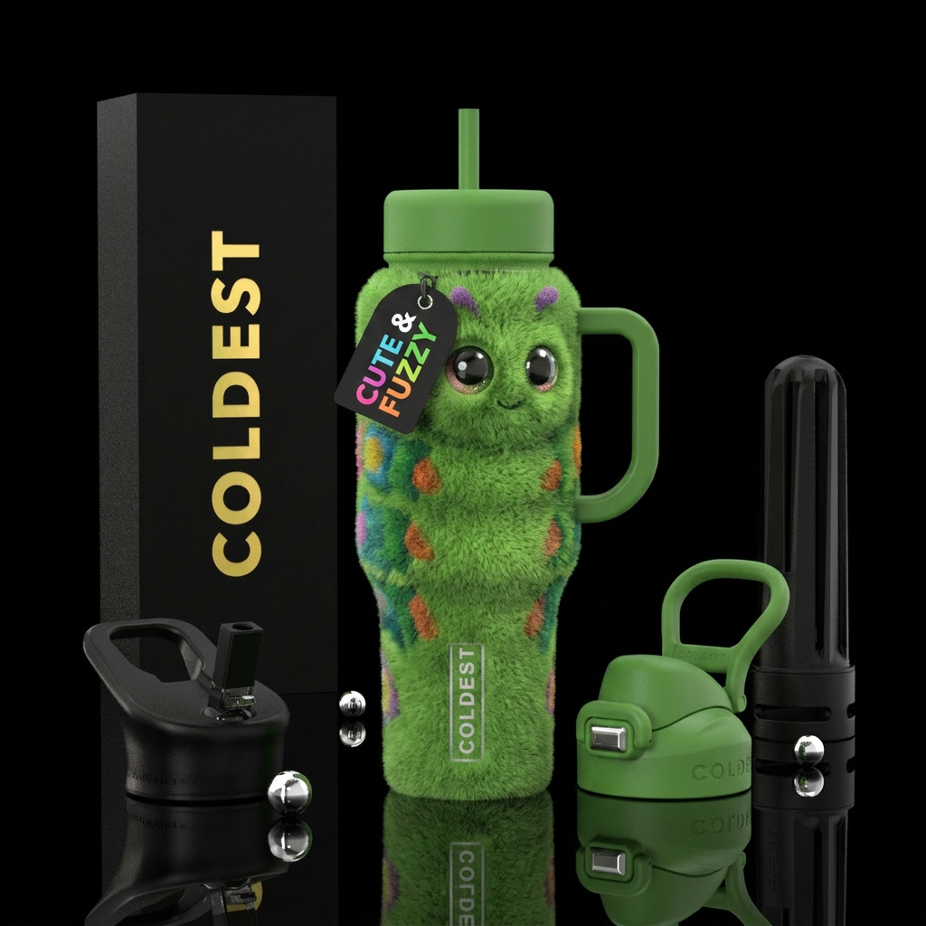 Fuzzy  cute  caterpillar. water bottle design