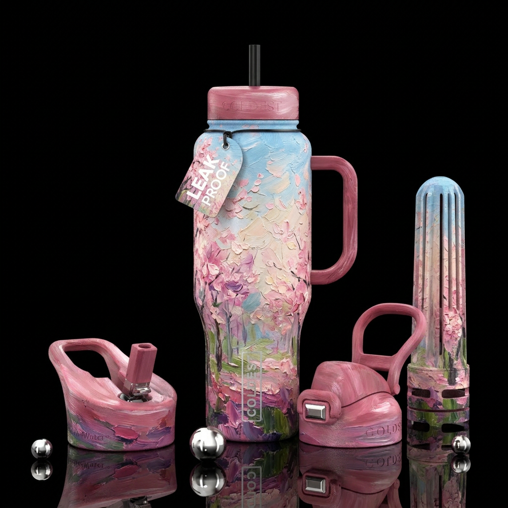 ombre, abstract, cherry blossom season, oil painte... water bottle design