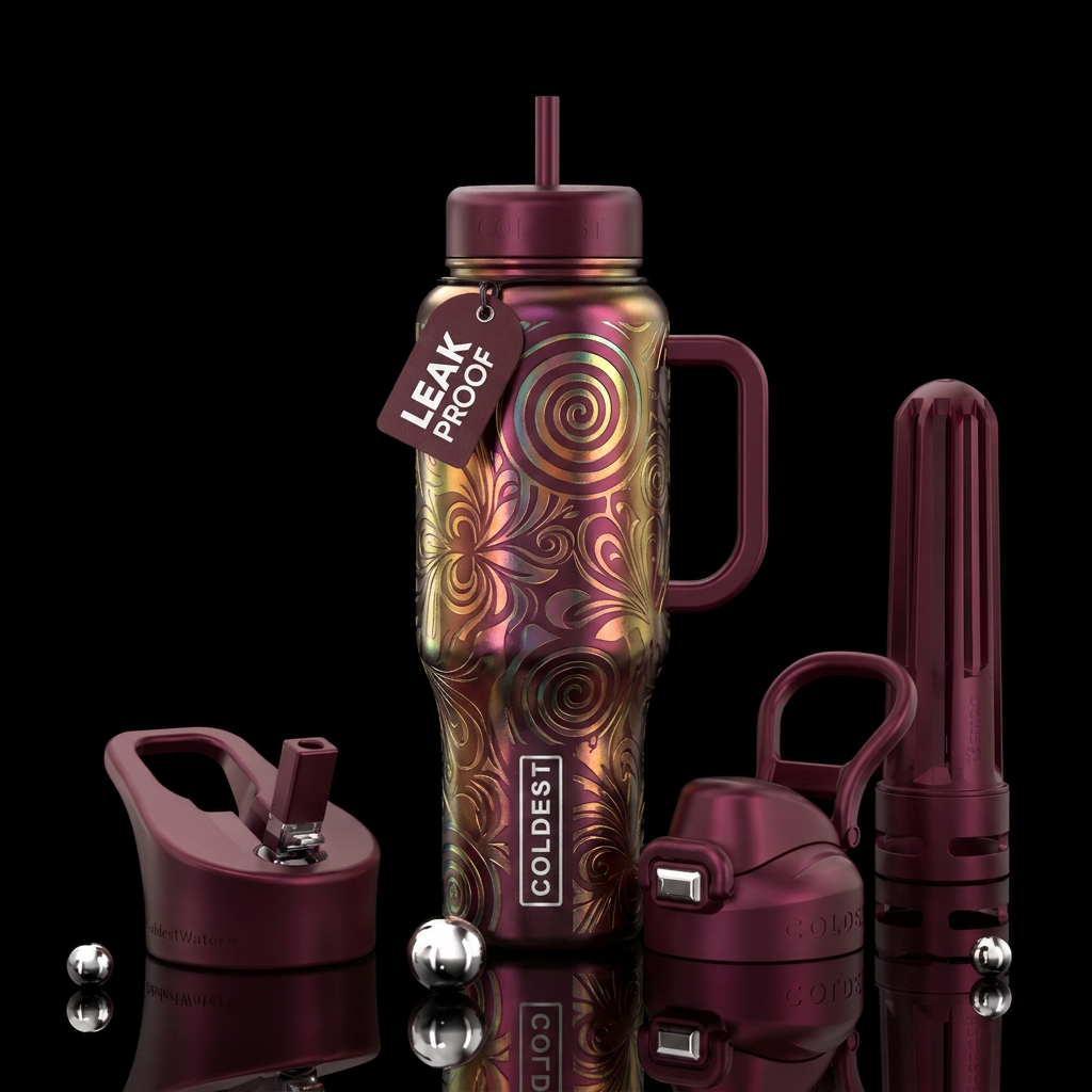burgundy, abstract, artistic, irridescent, spirals... water bottle design