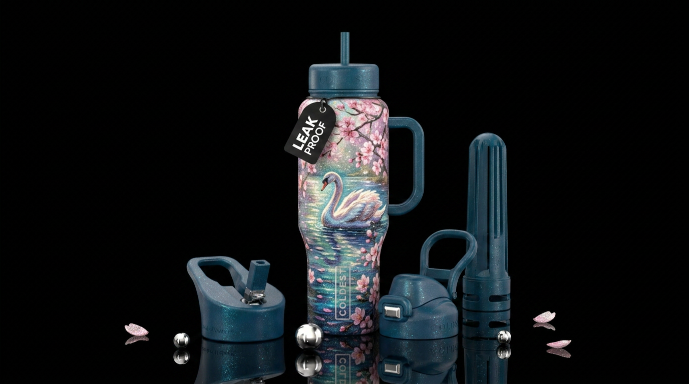Swan, sparkly, beautiul fantasy,, artistic pond, t... water bottle design