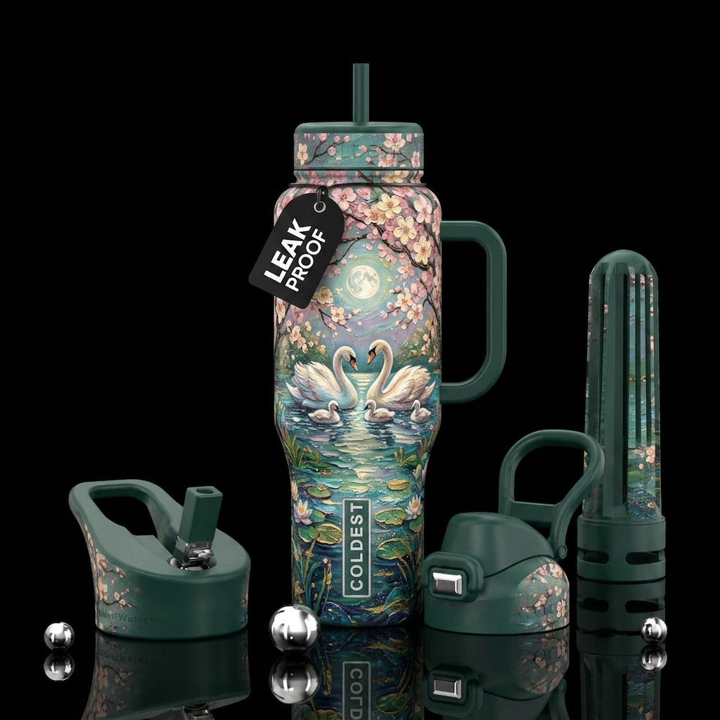 Swan, sparkly, beautiul fantasy,, artistic pond, t... water bottle design