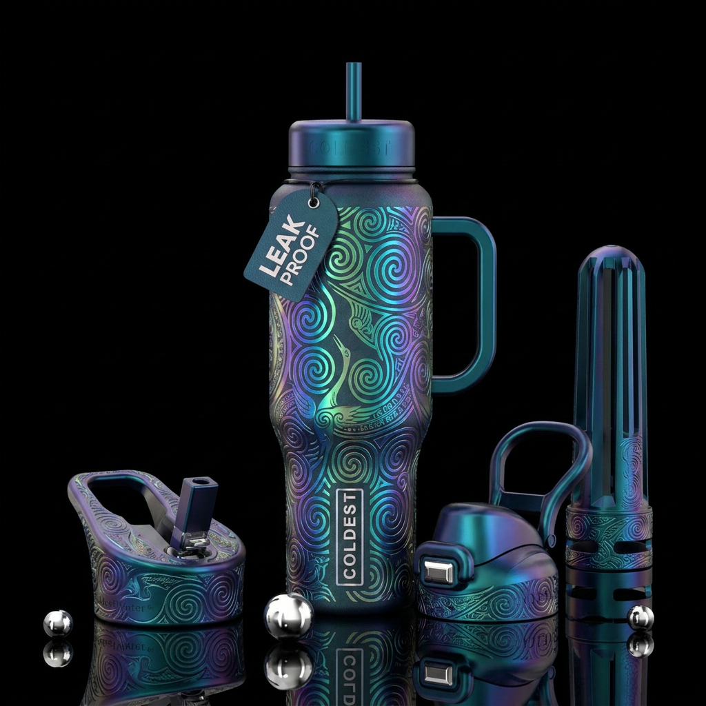 irridescent, spirals, fantasy, vietnamese, fantasy water bottle design