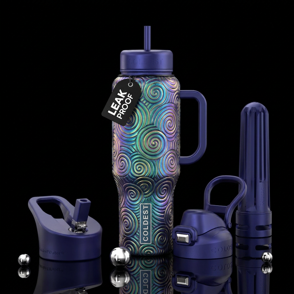irridescent, spirals, fantasy, vietnamese, fantasy water bottle design