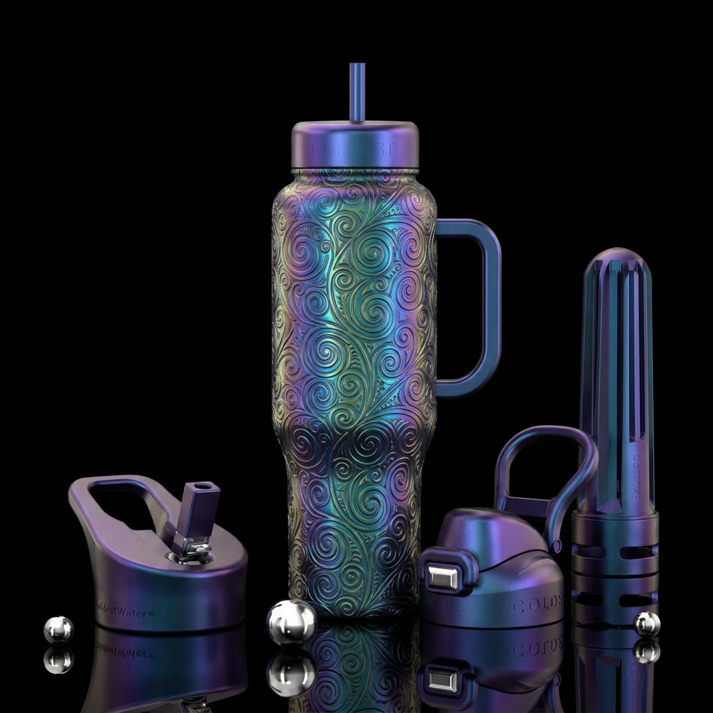 irridescent, european, spirals, beautiul water bottle design