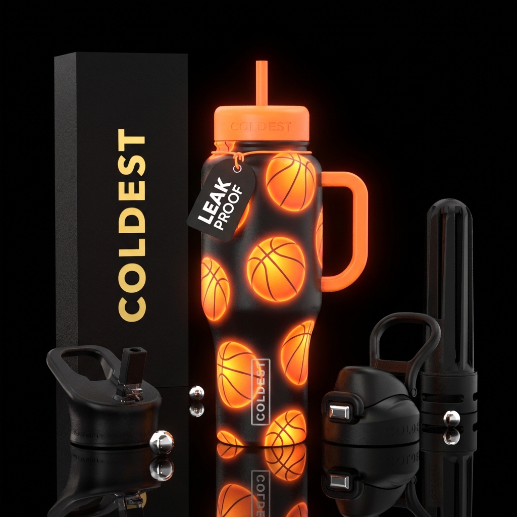 A tumbler with bright glowing basketballs against ... water bottle design