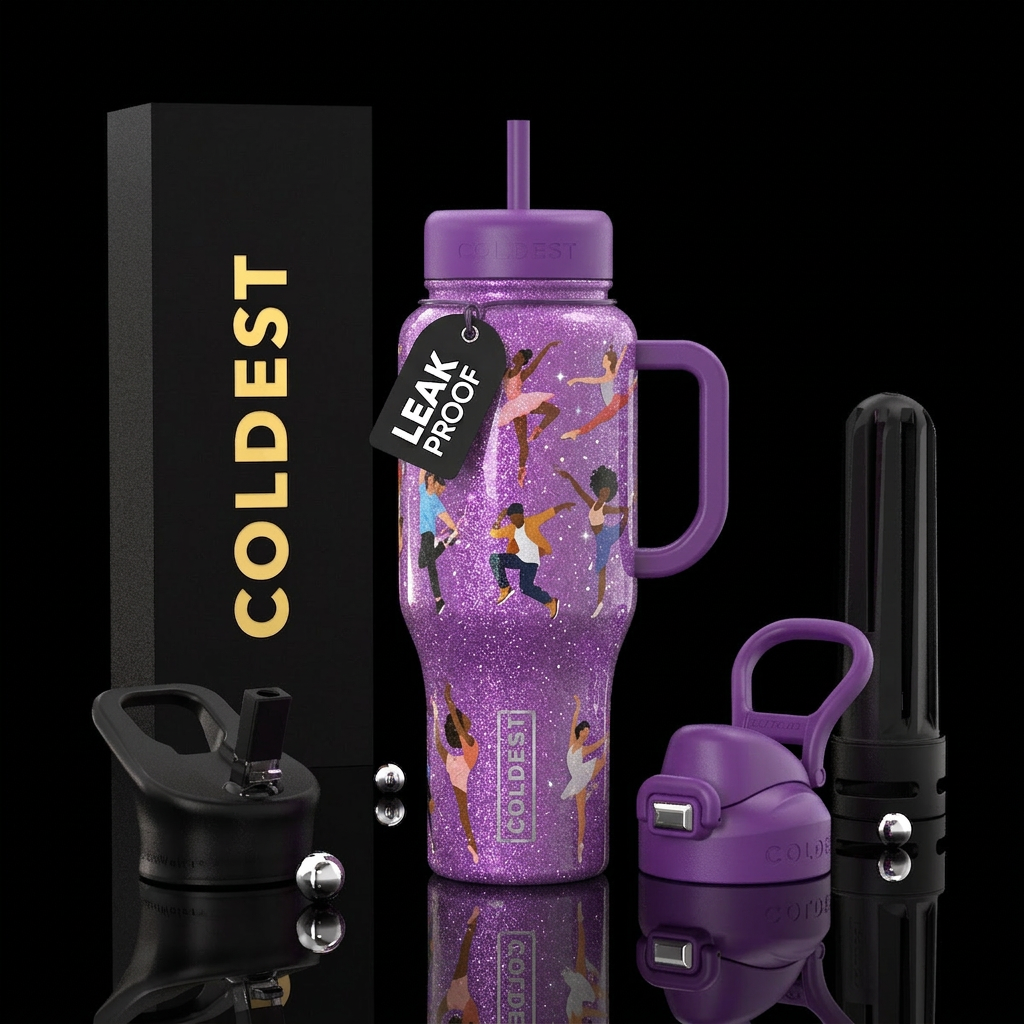 Create a purple, glitter tumbler featuring differe... water bottle design