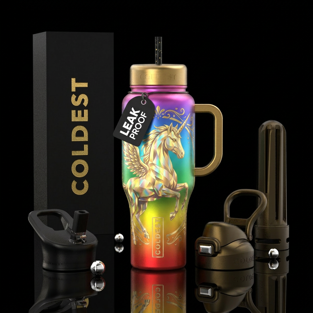 Create a rainbow bottle with a large unicorn and g... water bottle design