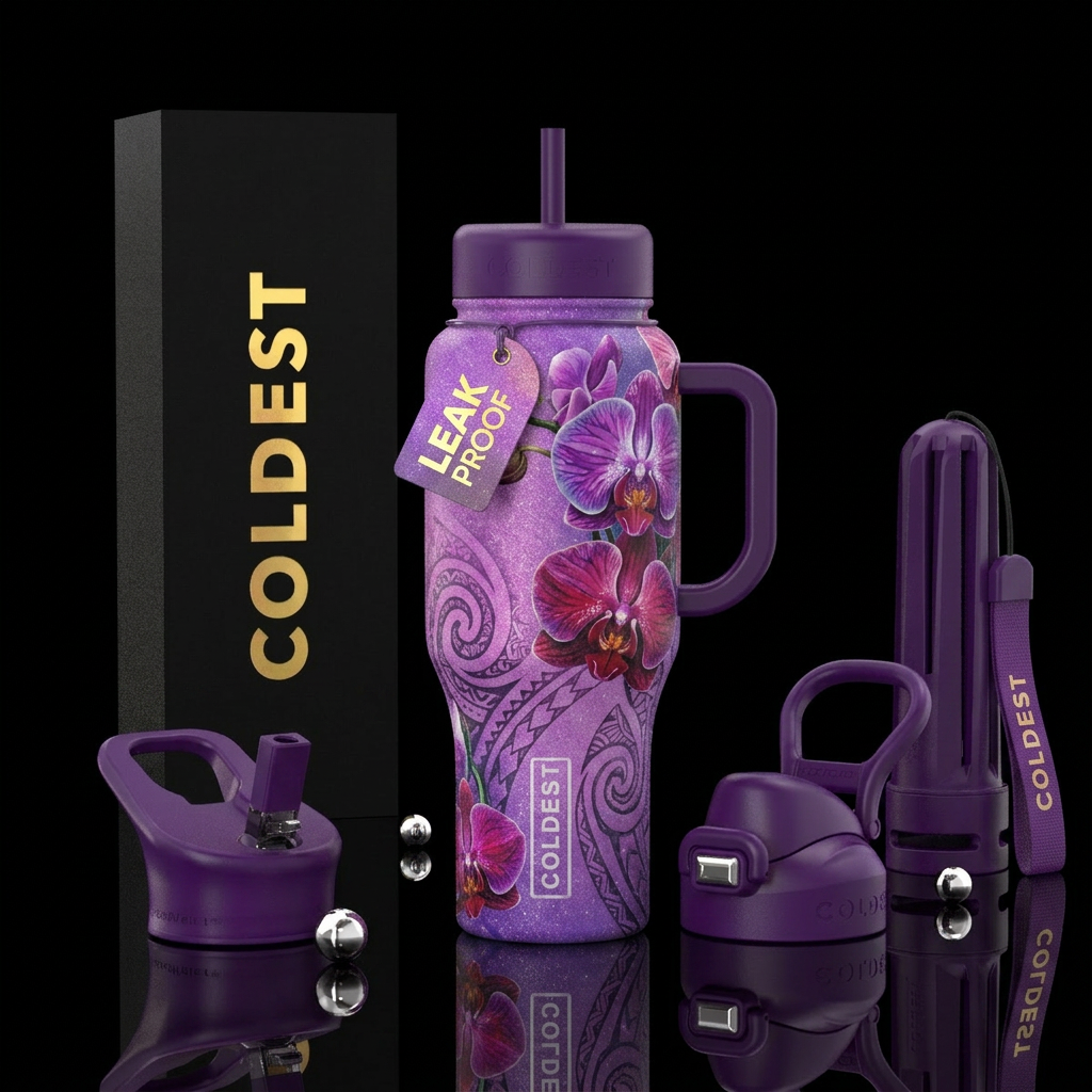 Create a sparkly purple bottle with beautiful orch... water bottle design