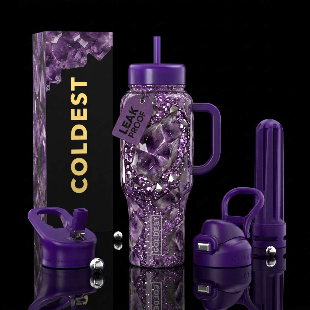 Amethyst gemstone raw, glitter water bottle design