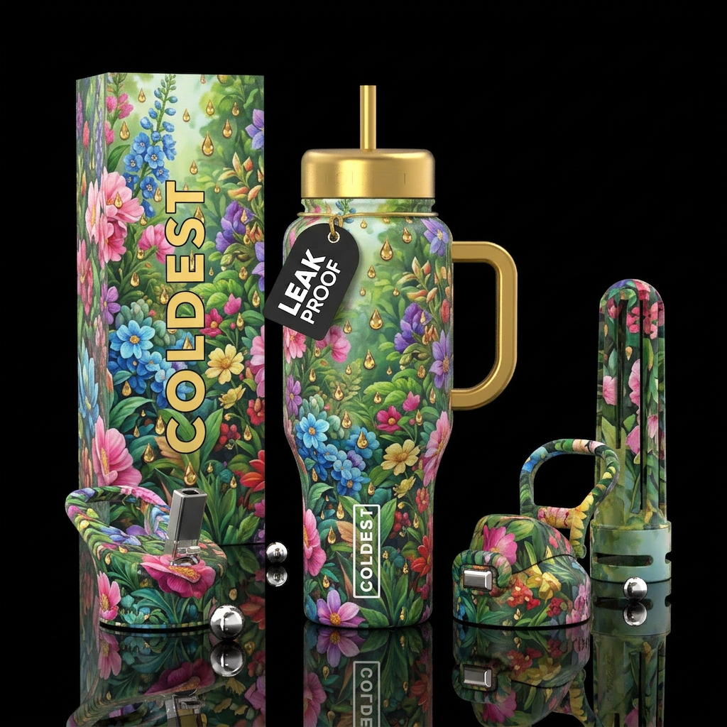 Beautiful botanical garden filled with colorful fl... water bottle design