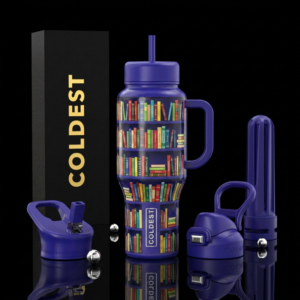 Book case with colorful books, modern water bottle design