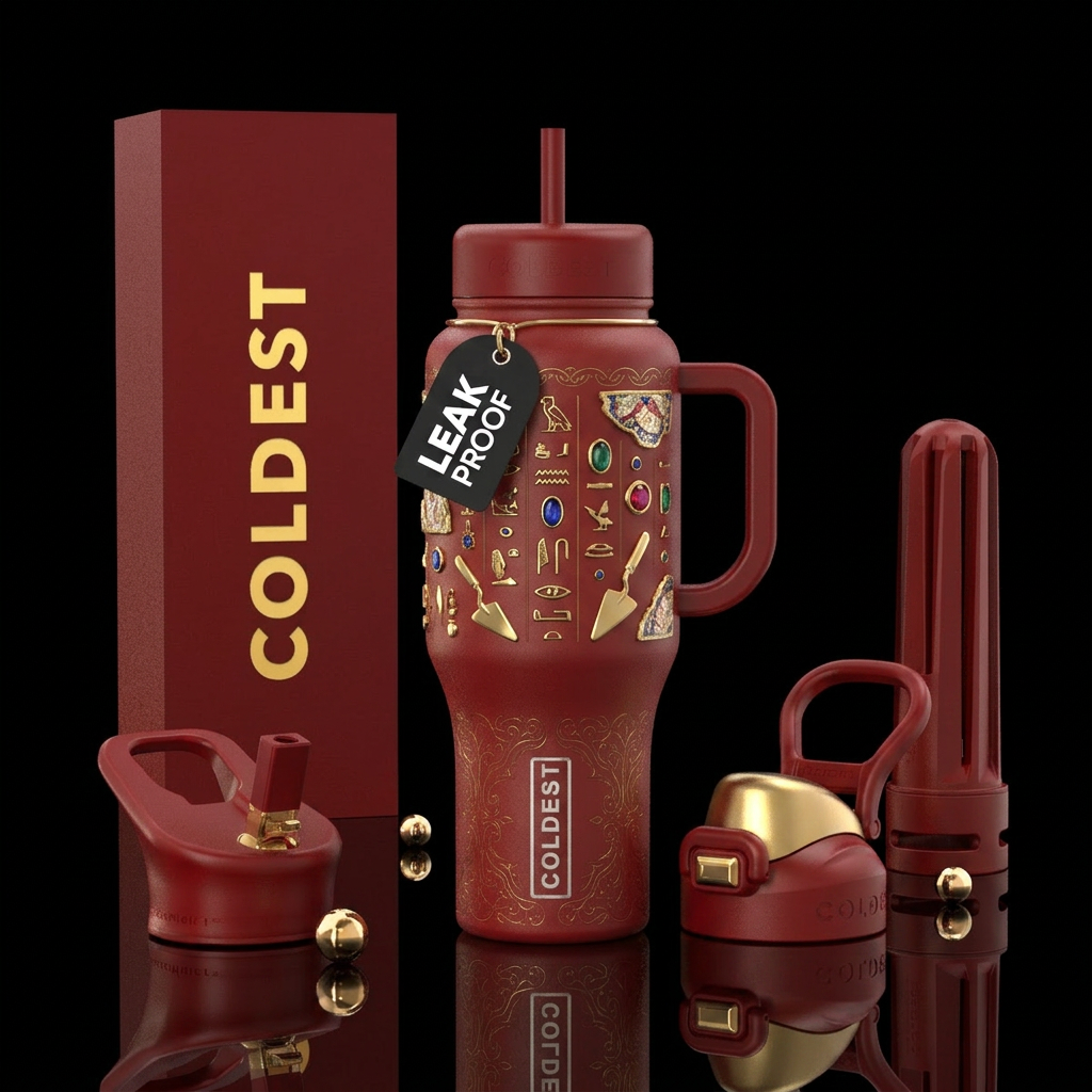 Red,, whimsical, luxurious, beautiul, archaeology water bottle design