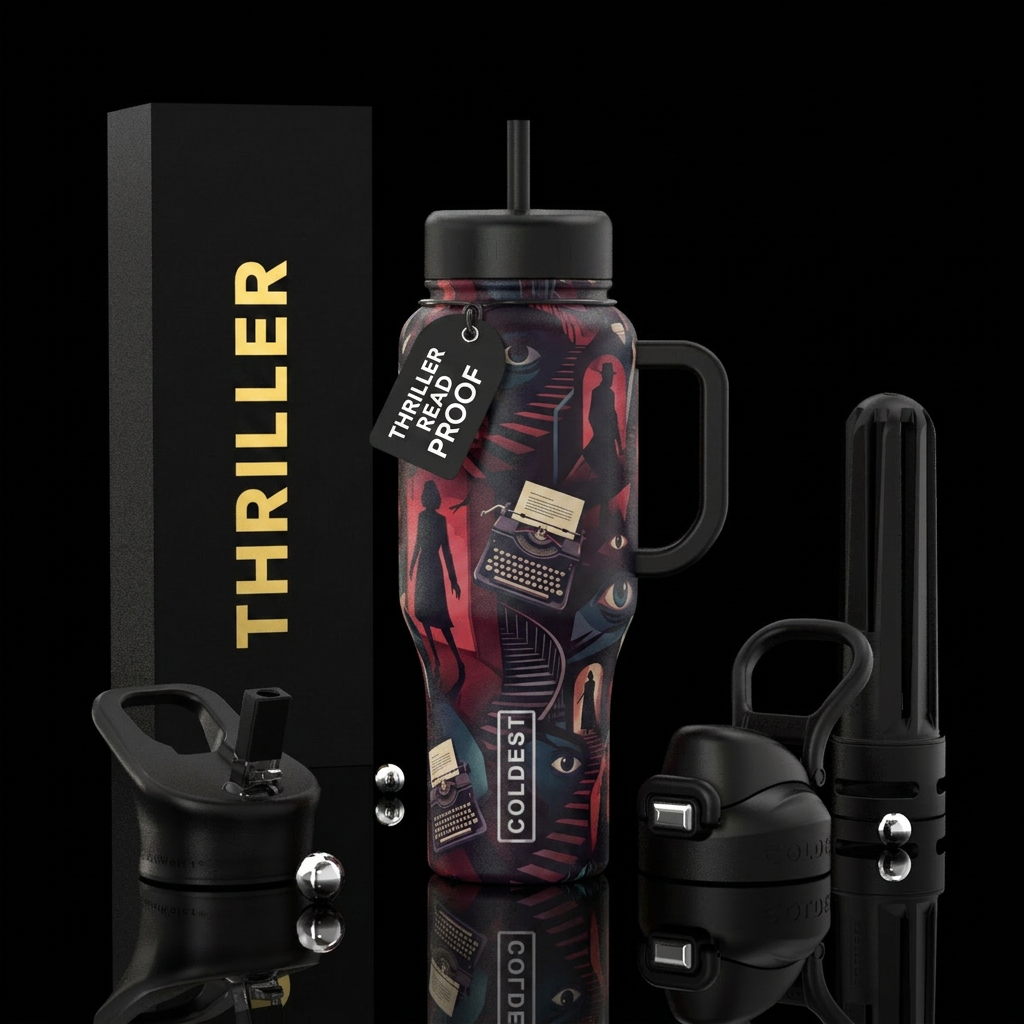 Color and design that appeals to thriller book rea... water bottle design