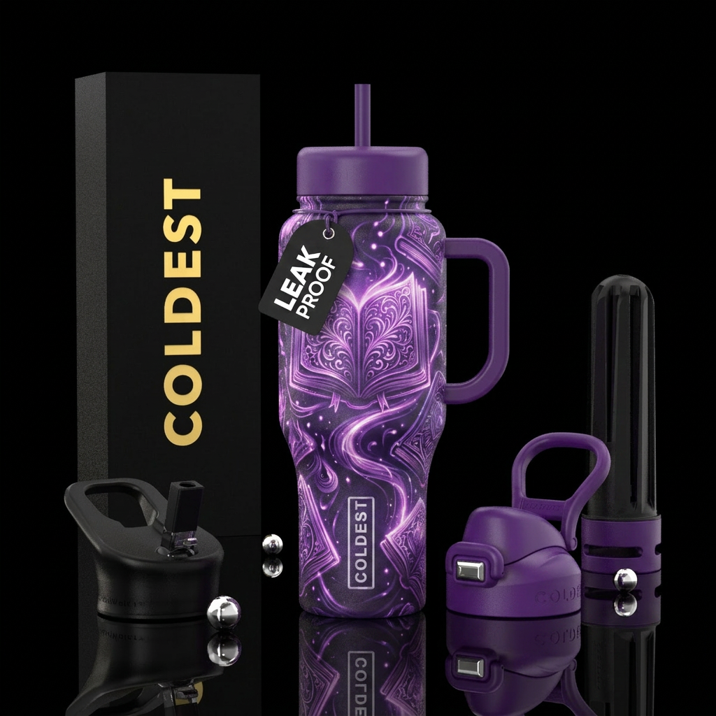 Glowie books, different shades of purple water bottle design