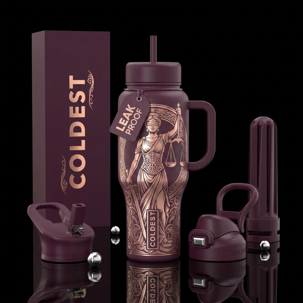 Rose gold blind lady justice on plum bottle, luxur... water bottle design