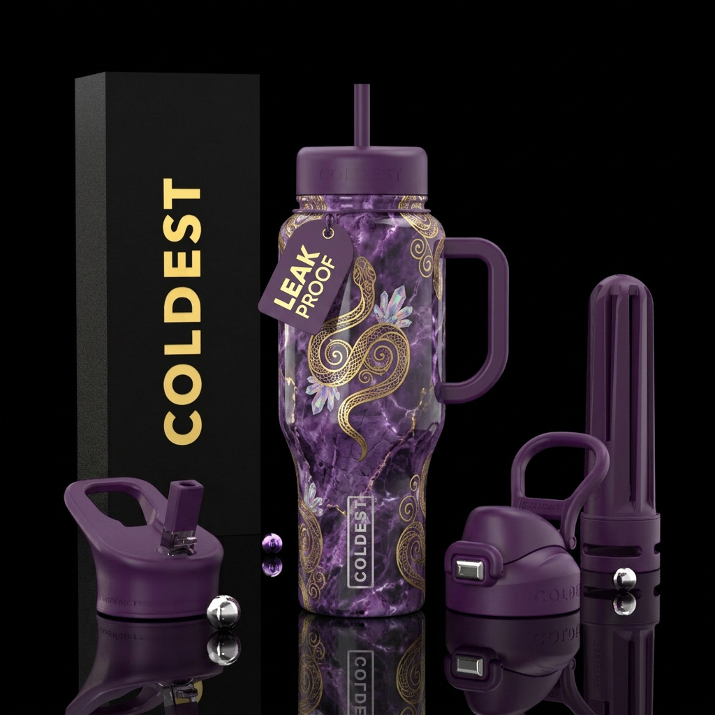 Beautiful serpent, spirals, magic, marble, purple water bottle design