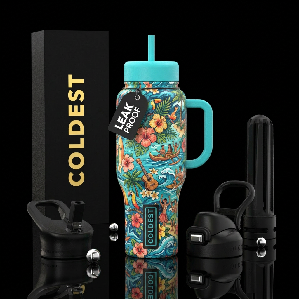Luau, Hawaii,, happy mood, ocean, vibrant water bottle design