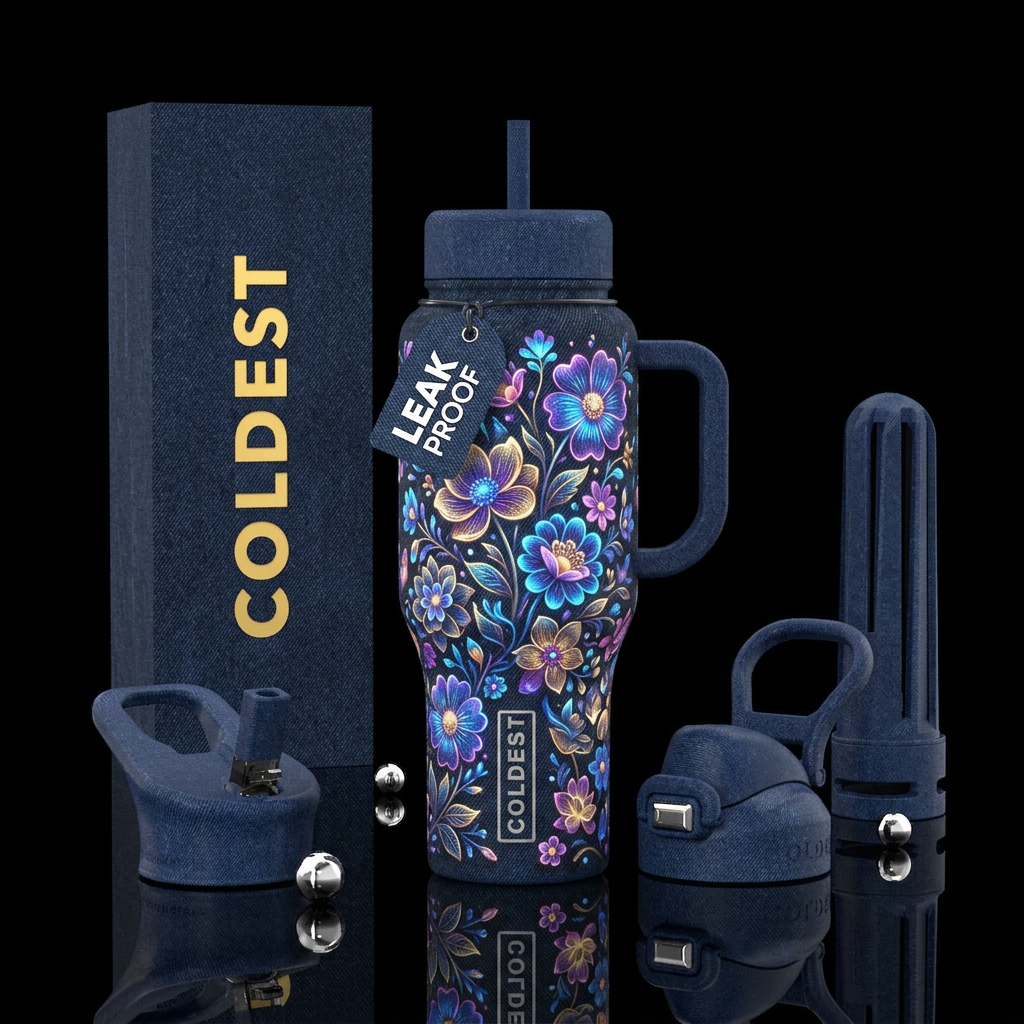Dark blue denim, glowing flowers, whimsical water bottle design