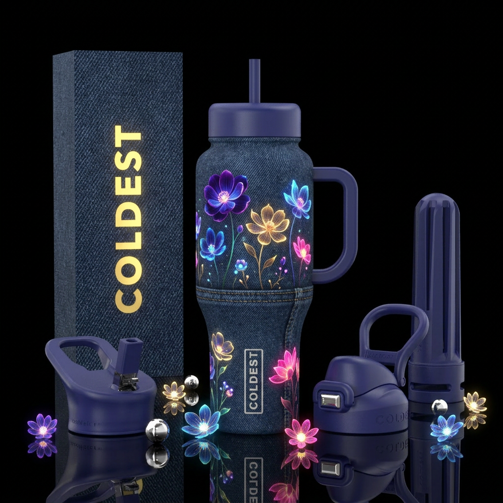 Dark blue denim, glowing flowers, whimsical water bottle design