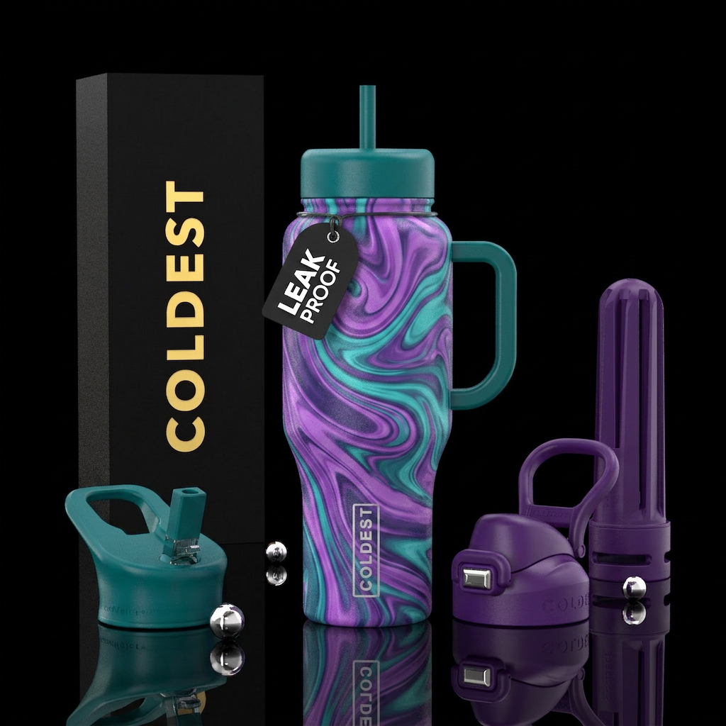 Purle and teal, swirls, abstract, beautiul water bottle design