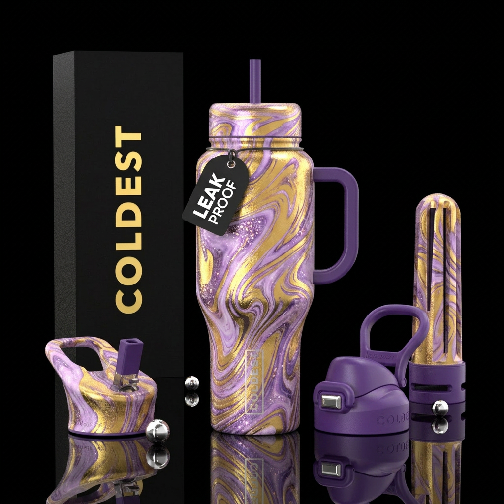 Marbled, spirals, gold, lavender,, sparkly, magica... water bottle design