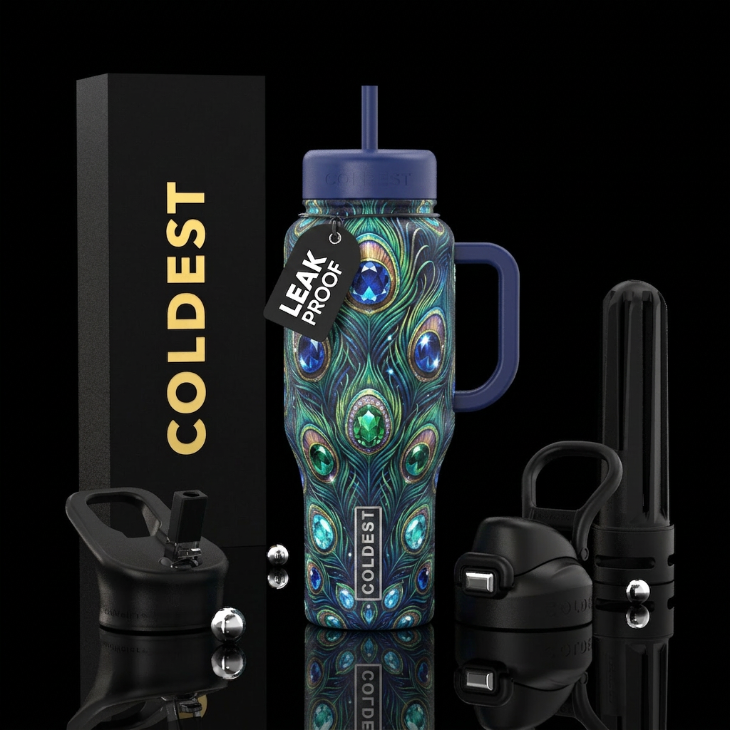 Peacock,, gemstone, beautiul, glowie, sparkly water bottle design