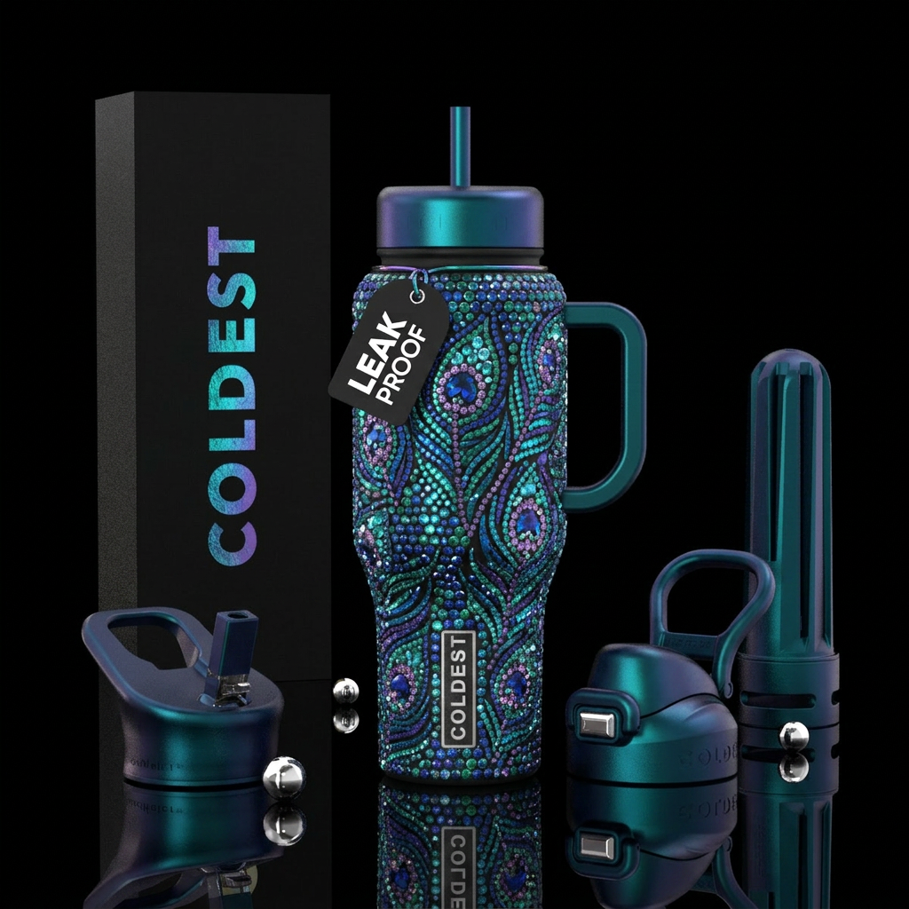 Peacock,, gemstone, beautiul, glowie, sparkly water bottle design