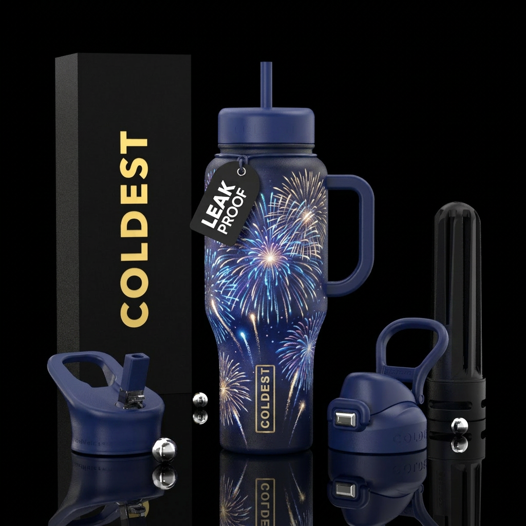 Willow fireworks and comes fireworks, dark blue bo... water bottle design