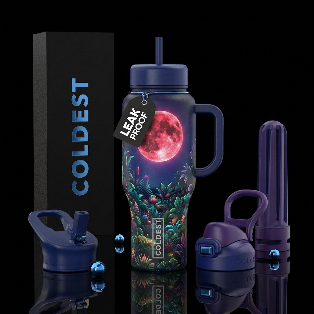 Large blood moon above beautiful botanical garden,... water bottle design