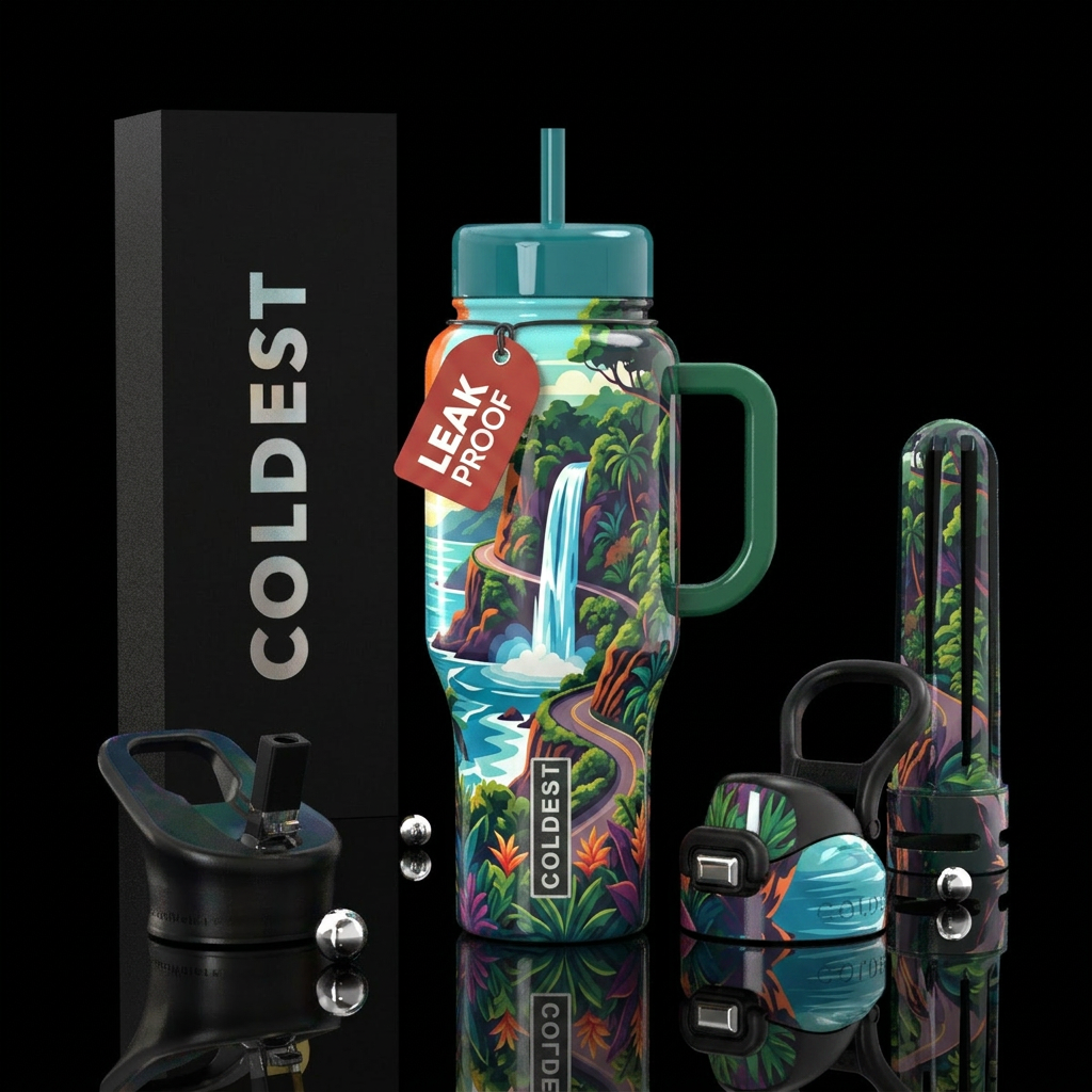 Road to Hana, waterfall, modern, vibrant water bottle design