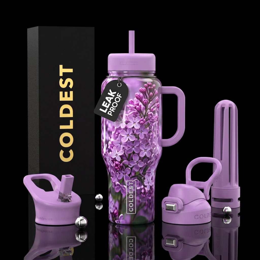 Lilacs, enchanting, modern, mesmerizing water bottle design