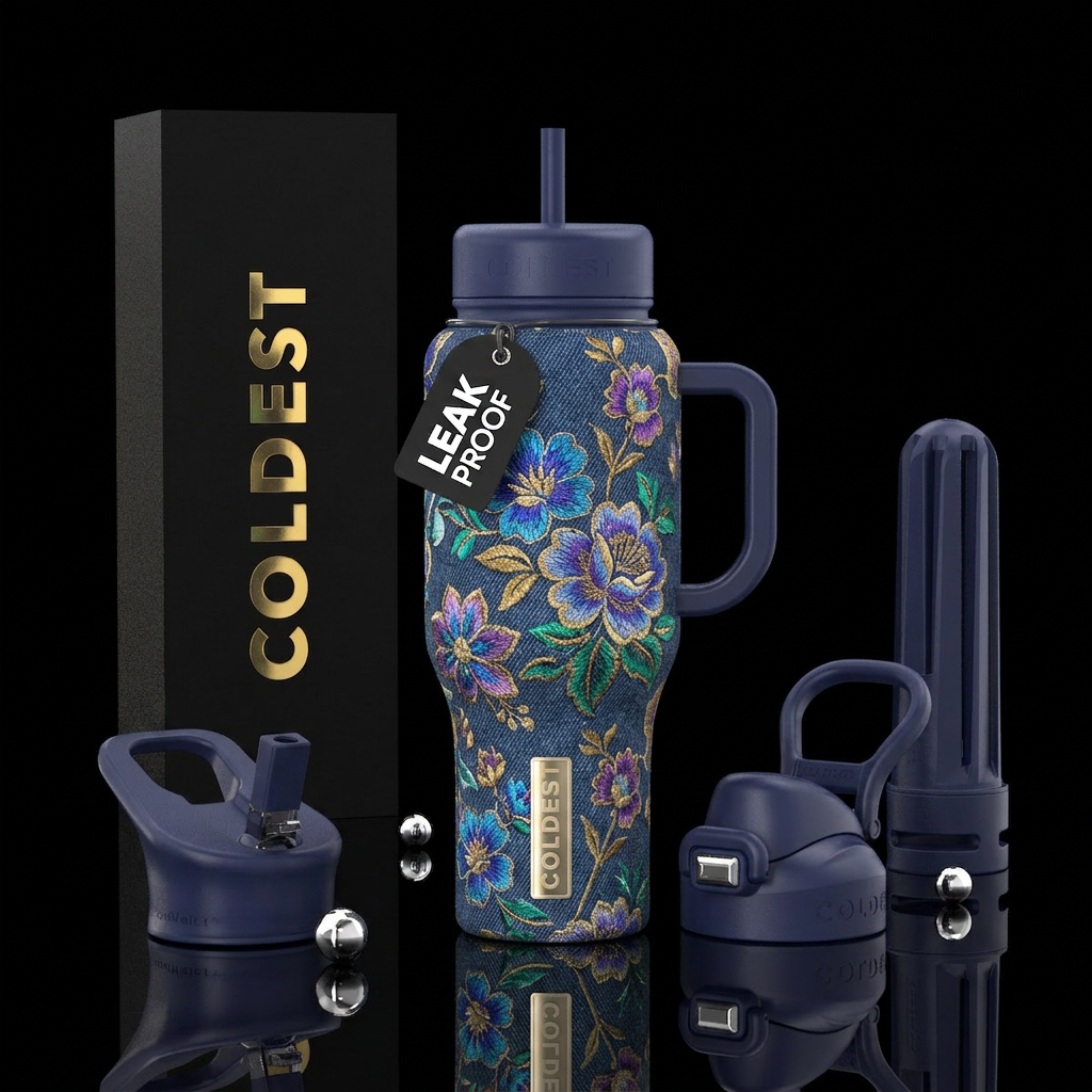 Denim, flowers, magical, modern water bottle design