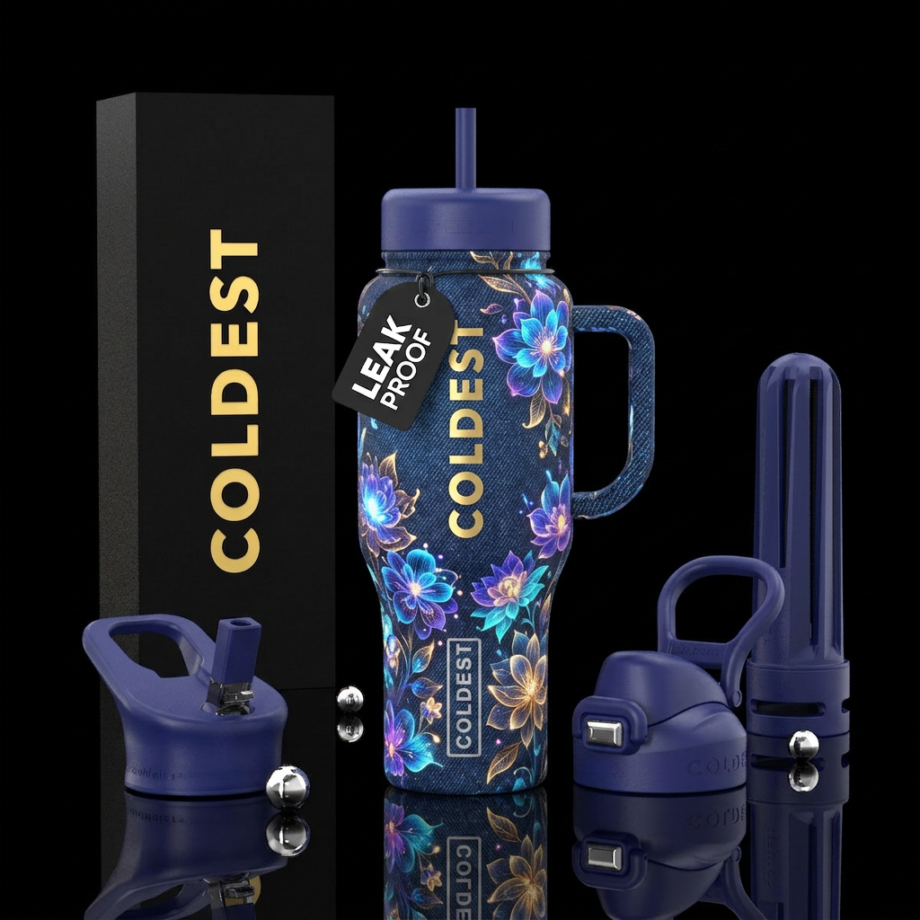 Dark blue denim, glowing flowers, whimsical water bottle design