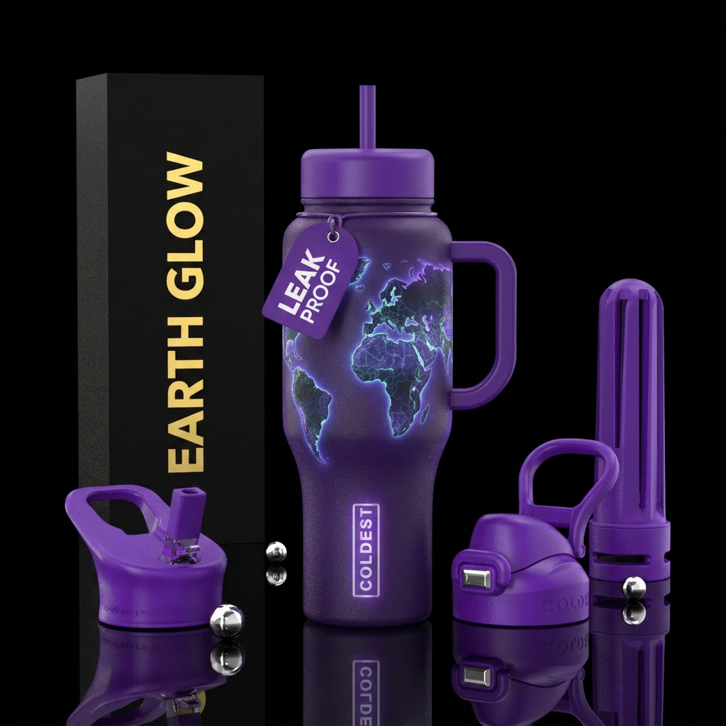 Purple bottle, earth, modern, beautiul, glowie water bottle design