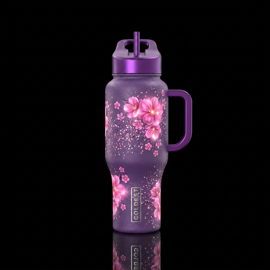 Leather, purple, gorgeous, pink flowers, glowie, s... water bottle design