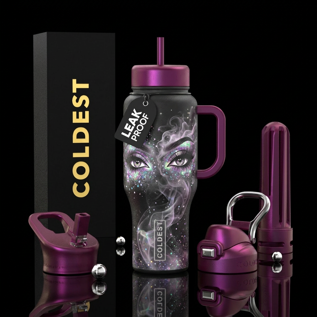Large eyes with long eyelashes, modern,, smoke, go... water bottle design
