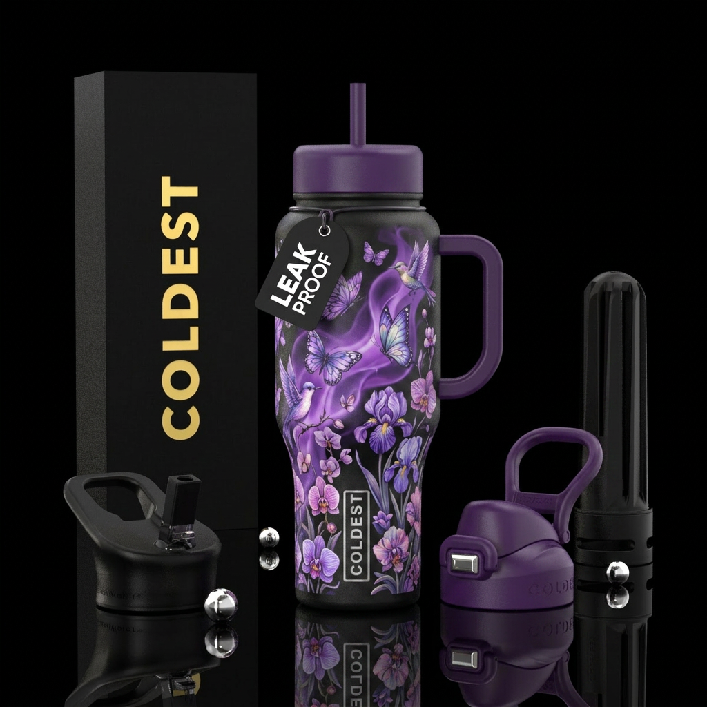 Aura, purple,, whimsical, butterfly, birds, flower... water bottle design