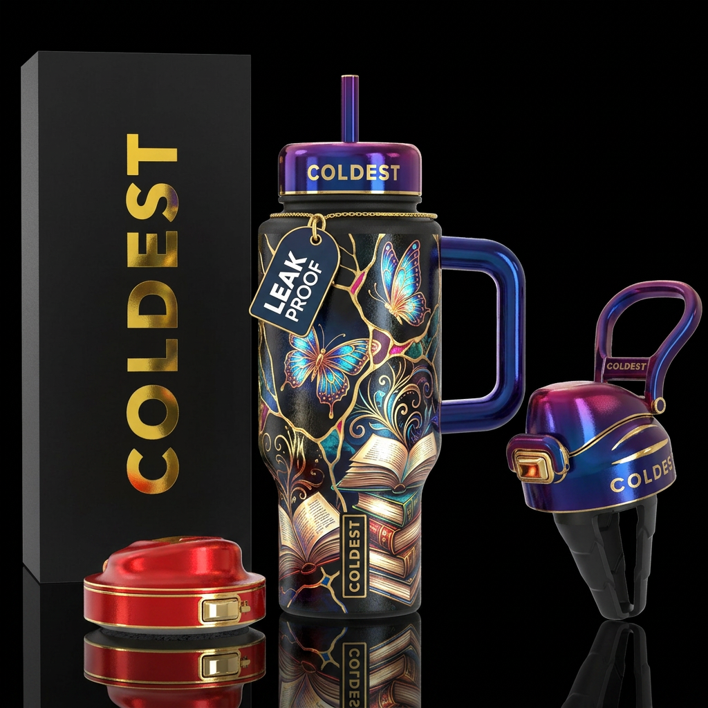 Glowie books and butterflies water bottle design