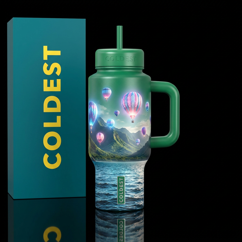 Glowie hot air balloons, beautiful, lush mountains... water bottle design