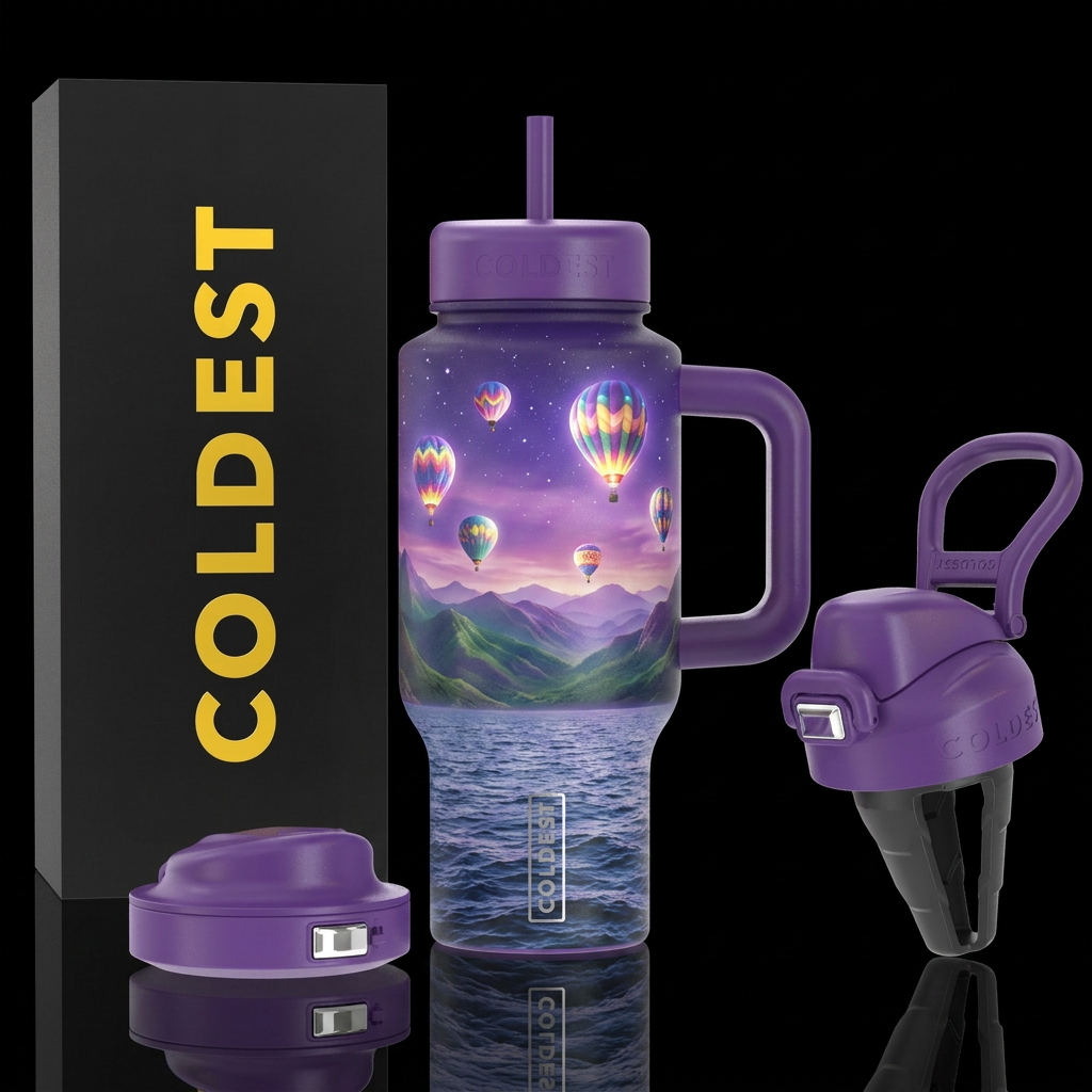 Glowie hot air balloons, beautiful, lush mountains... water bottle design