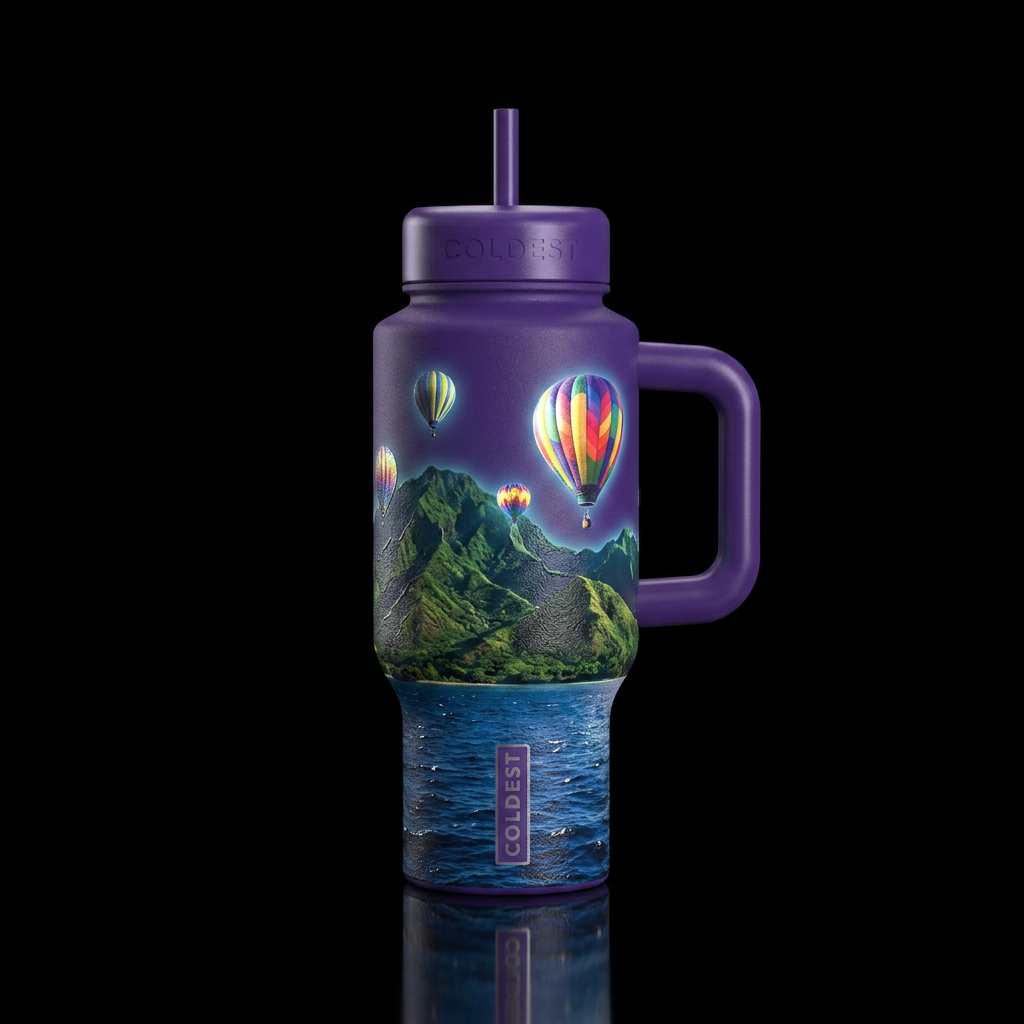 Glowie hot air balloons, beautiful, lush mountains... water bottle design