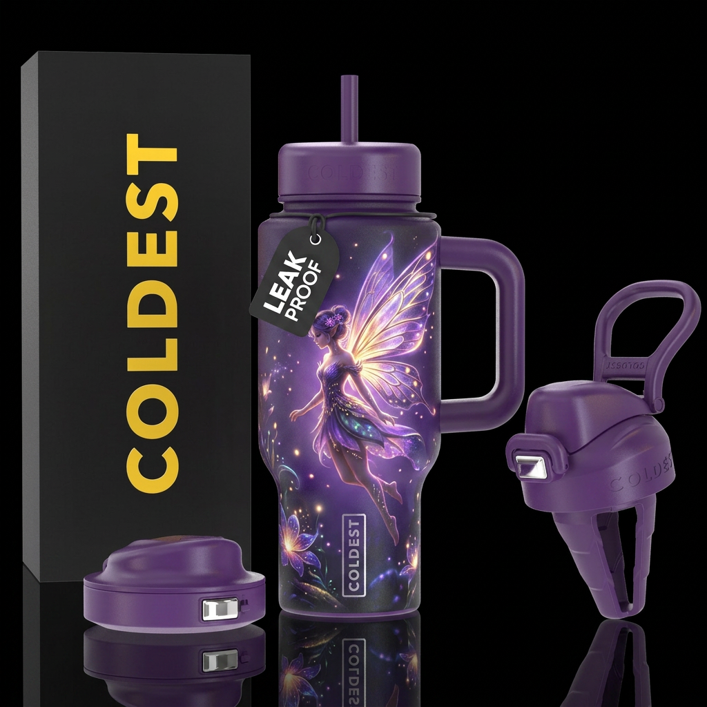 Gorgeous fairy with large glowing wings, magical, ... water bottle design