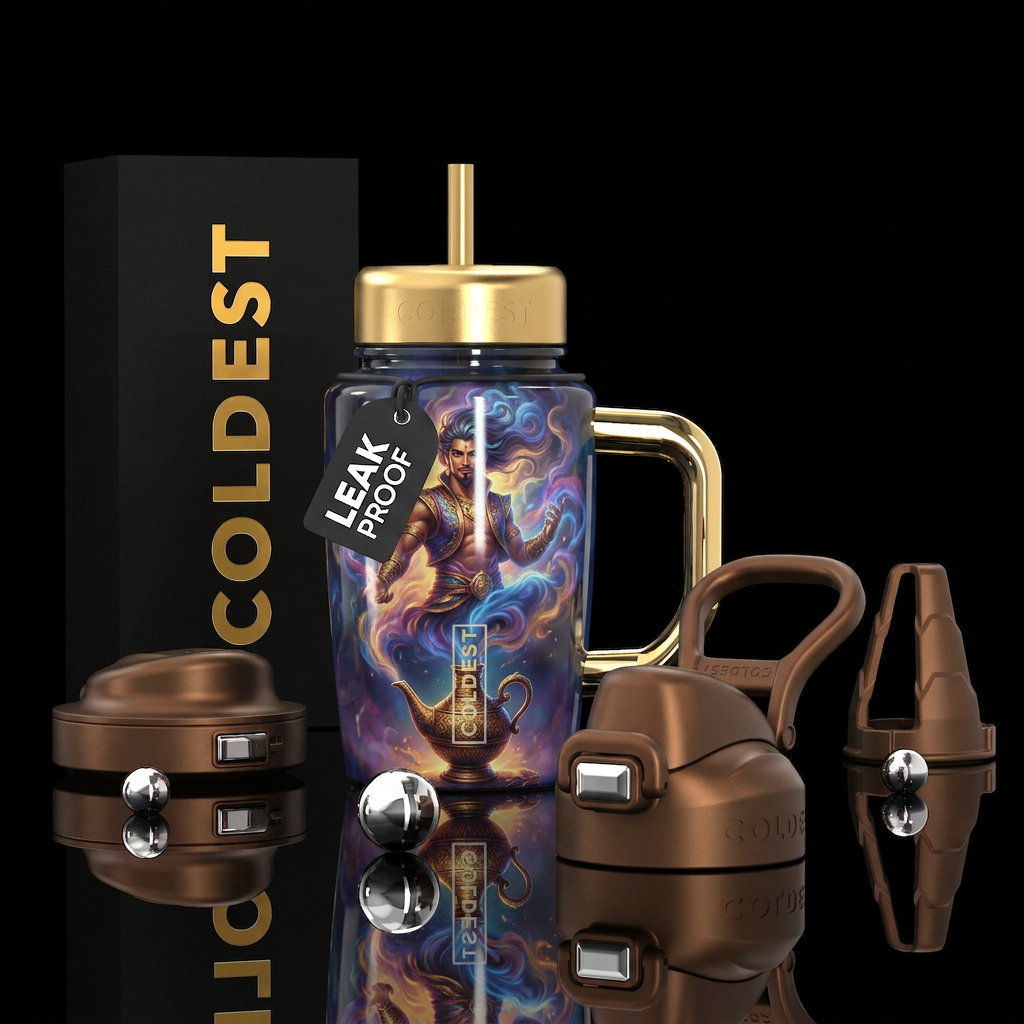 Handsome genie coming out of a bronze bottle, beau... water bottle design