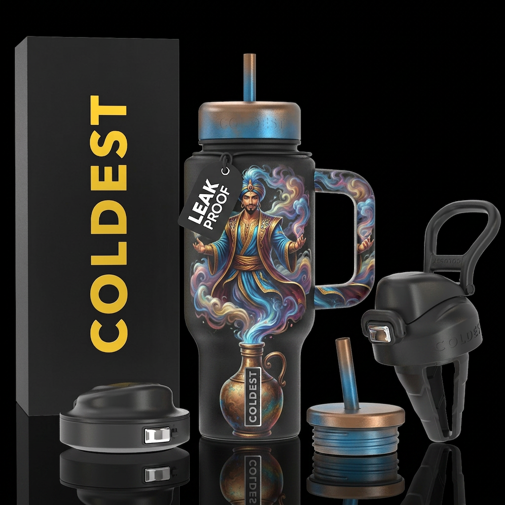 Handsome genie coming out of a bronze bottle, beau... water bottle design